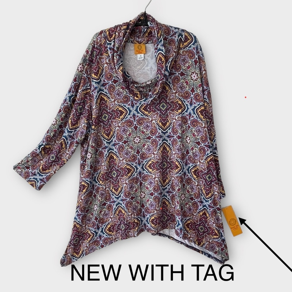 🆕 Ruby Rd. Knit Cowl Neck 3/4 Sleeve Foulard Print Sharkbite Hem Top *NWT* $58